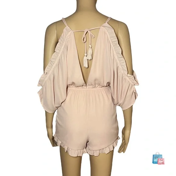 Gianna Bini Women’s Cold Shoulder V-neck Open Back Peach Ruffle Romper XS - Picture 2 of 8